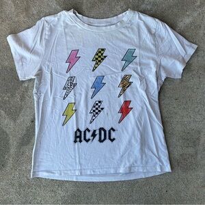 AC/DC White Tee with Colorful Lightning Bolts
